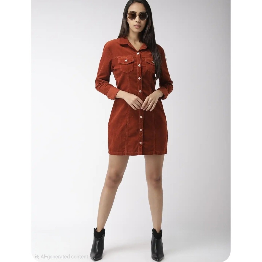 Forever 21 Corduroy Shirt Dress Women Small Rust Orange Excellent Mini Button Up